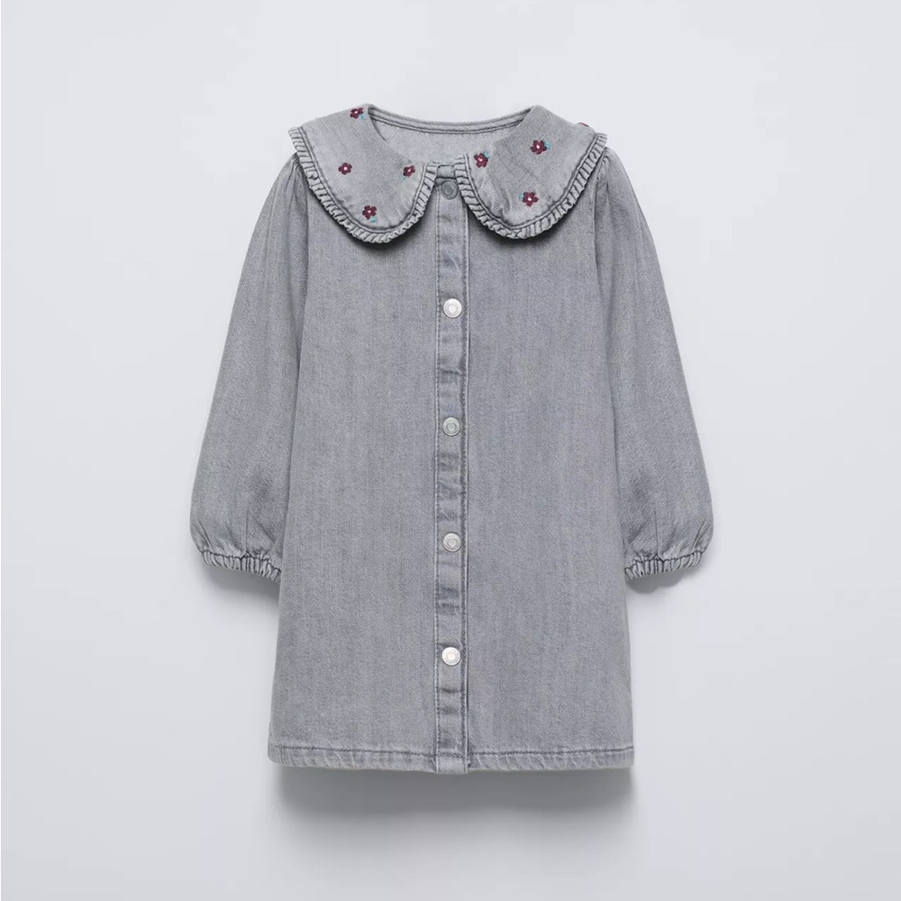 Zara Blue Denim Dress with Embroidered Collar